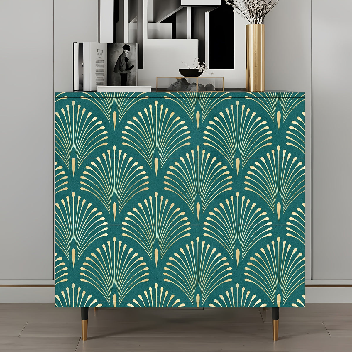 Papier peint art déco éventail bleu canard et doré, 44 cm