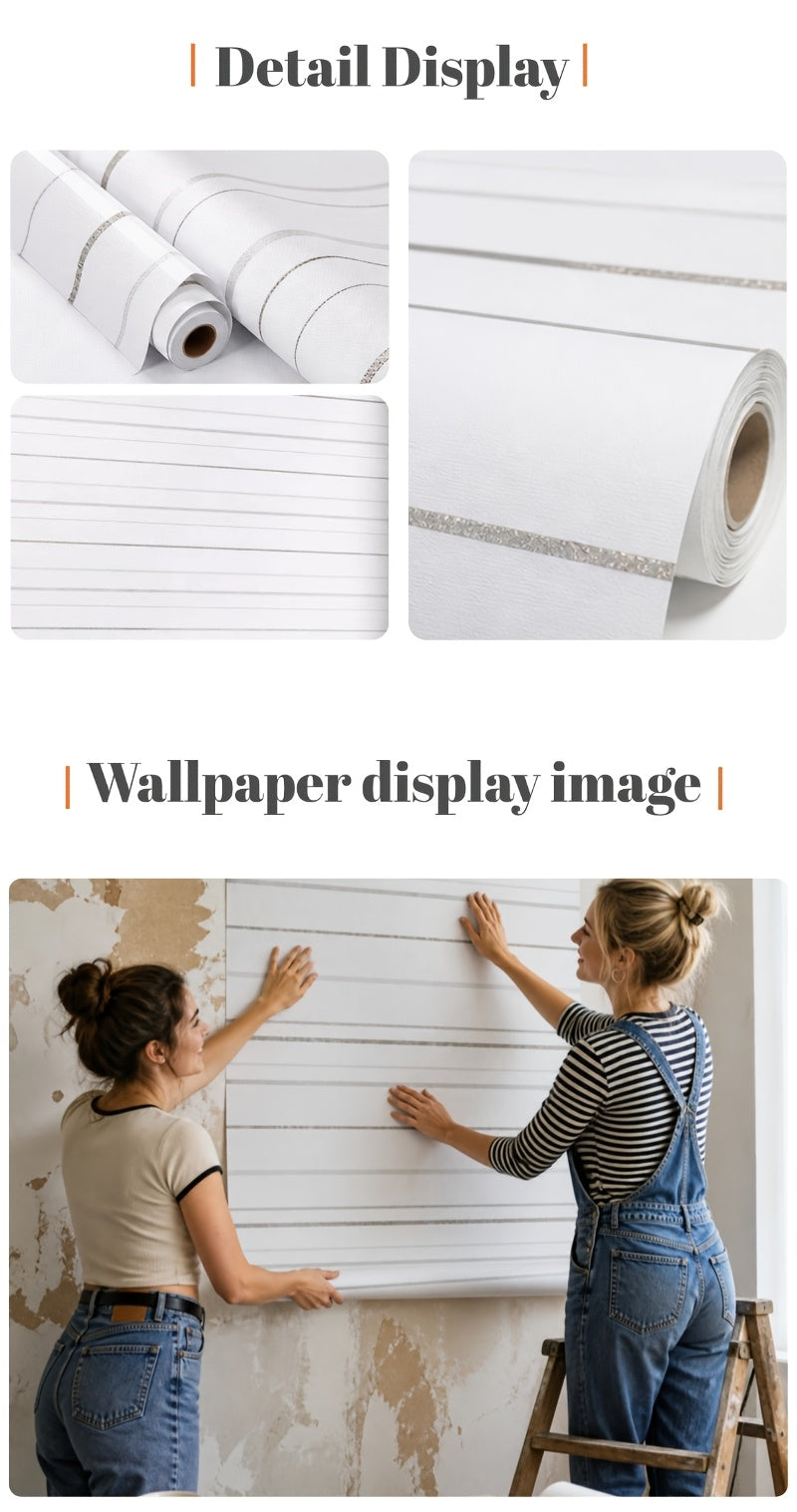 Papier peint effet lambris blanc gaufré, filet doré, 6 lés