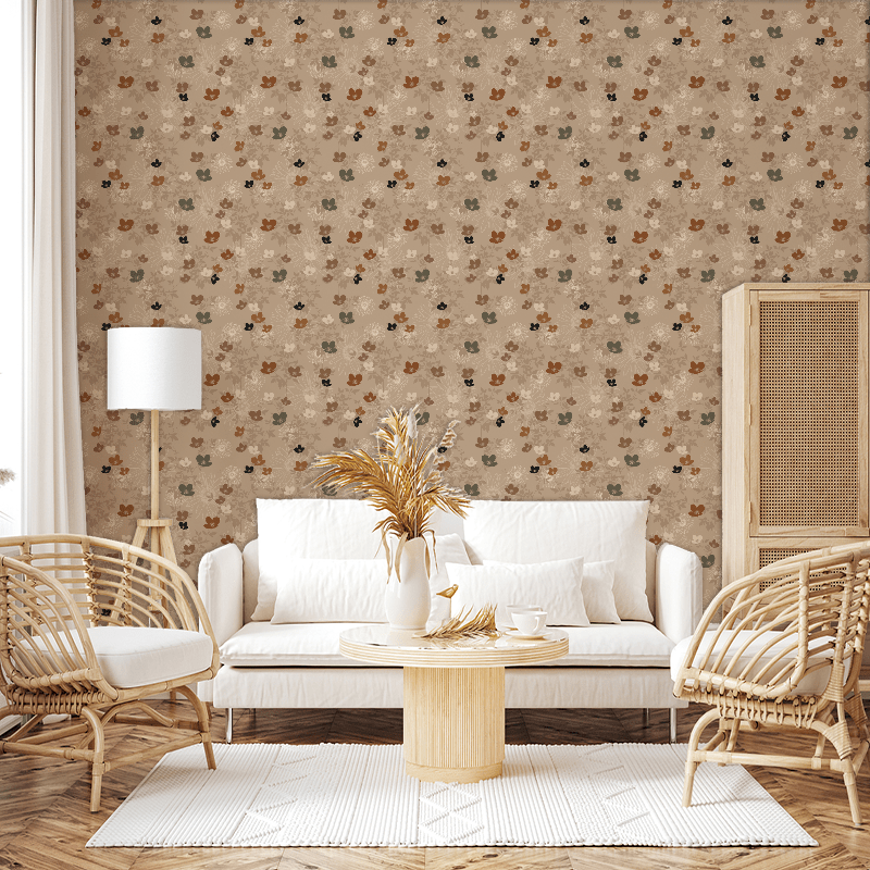 Papier peint fleuri greige, semis de corolles terracotta
