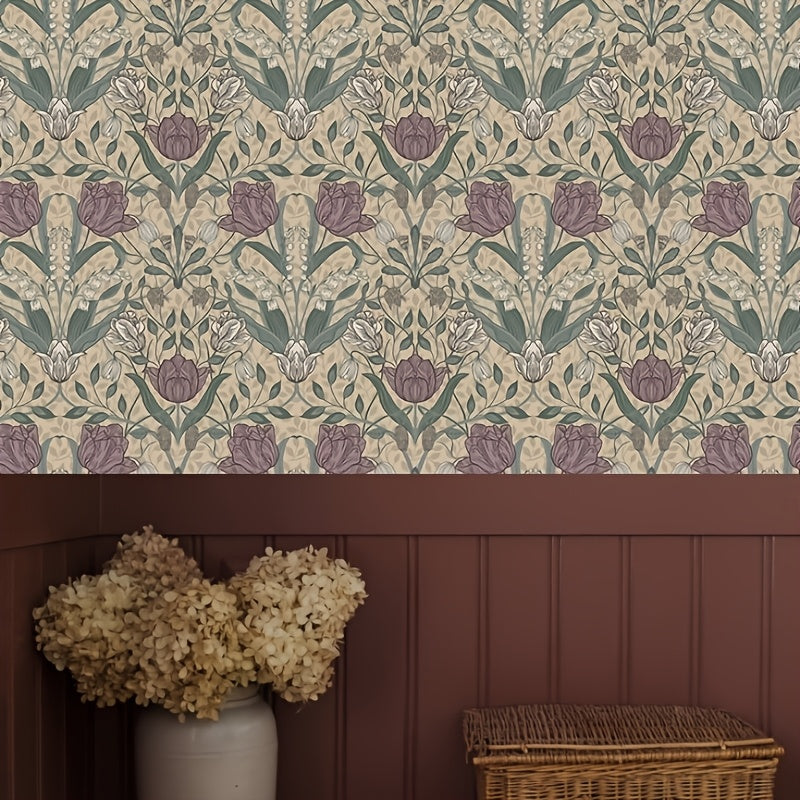 Papier peint fleuri tulipes mauves et feuillage sauge, 60 cm