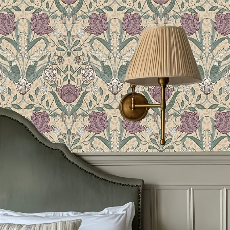 Papier peint fleuri tulipes mauves et feuillage sauge, 60 cm
