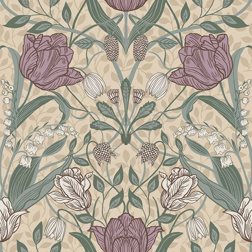 Papier peint fleuri tulipes mauves et feuillage sauge, 60 cm