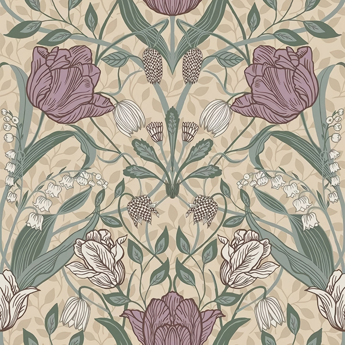 Papier peint fleuri tulipes mauves et feuillage sauge, 60 cm