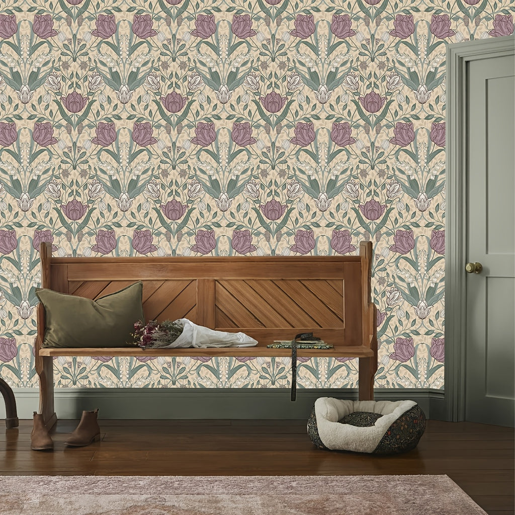 Papier peint fleuri tulipes mauves et feuillage sauge, 60 cm