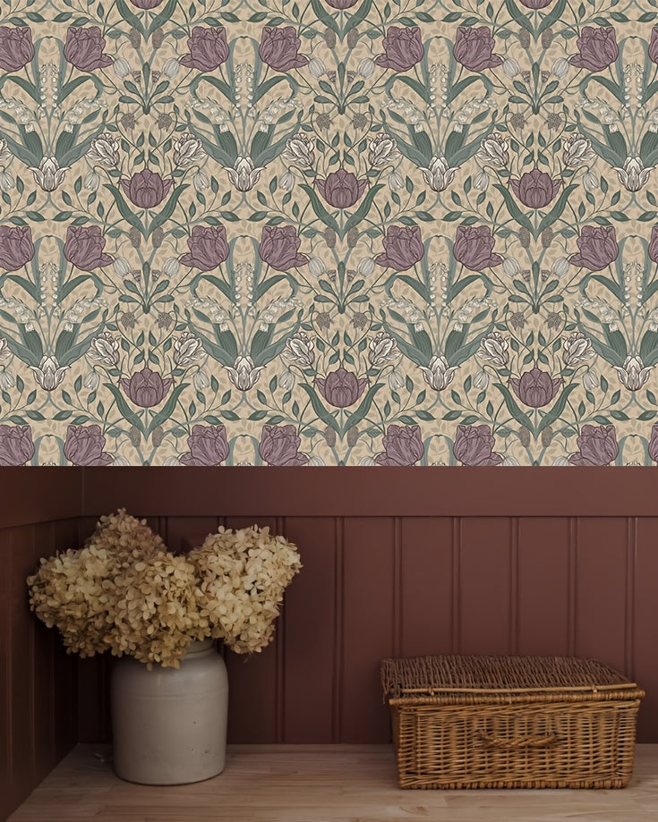 Papier peint fleuri tulipes mauves et feuillage sauge, 60 cm