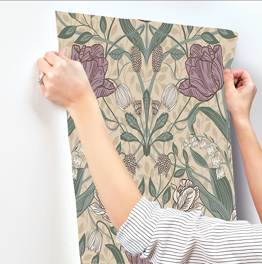 Papier peint fleuri tulipes mauves et feuillage sauge, 60 cm