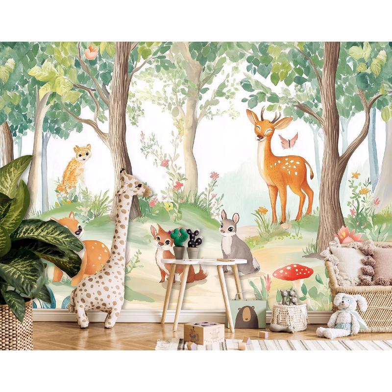 Papier peint forêt aquarelle avec biche, renard et lapin Image