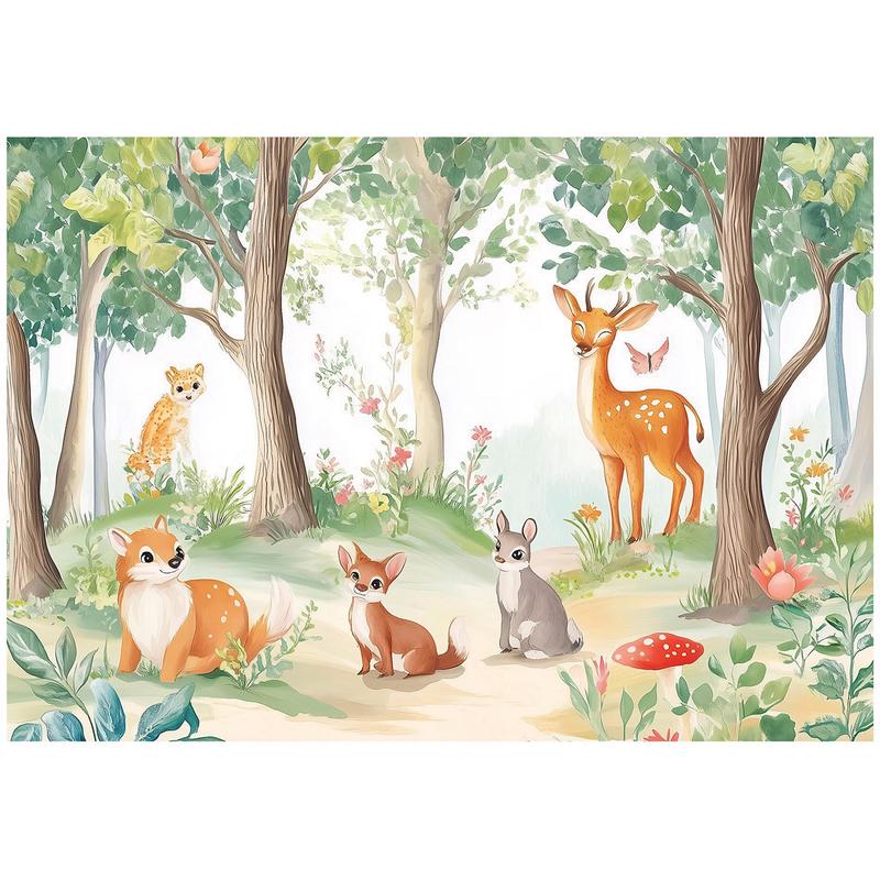 Papier peint forêt aquarelle avec biche, renard et lapin, gros plan sur la matière Image