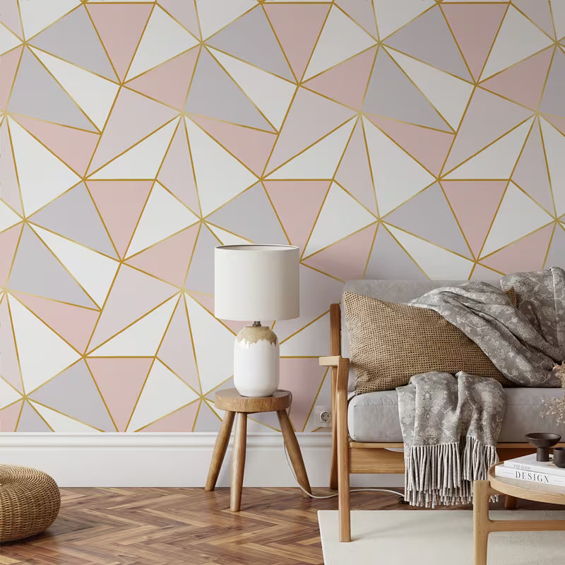 Papier peint geometrique adhesif triangles dores et pastel