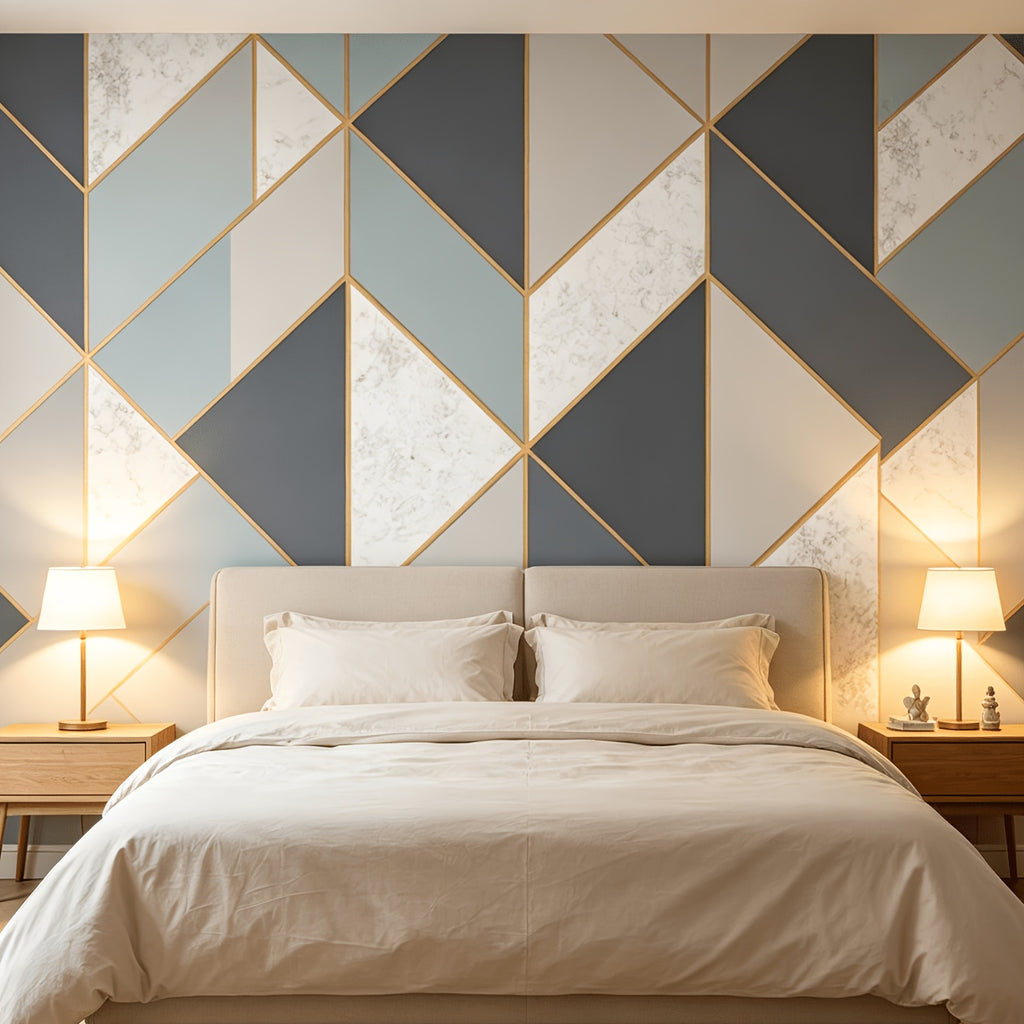 Papier peint gris et bleu à grands chevrons cernés d'or
