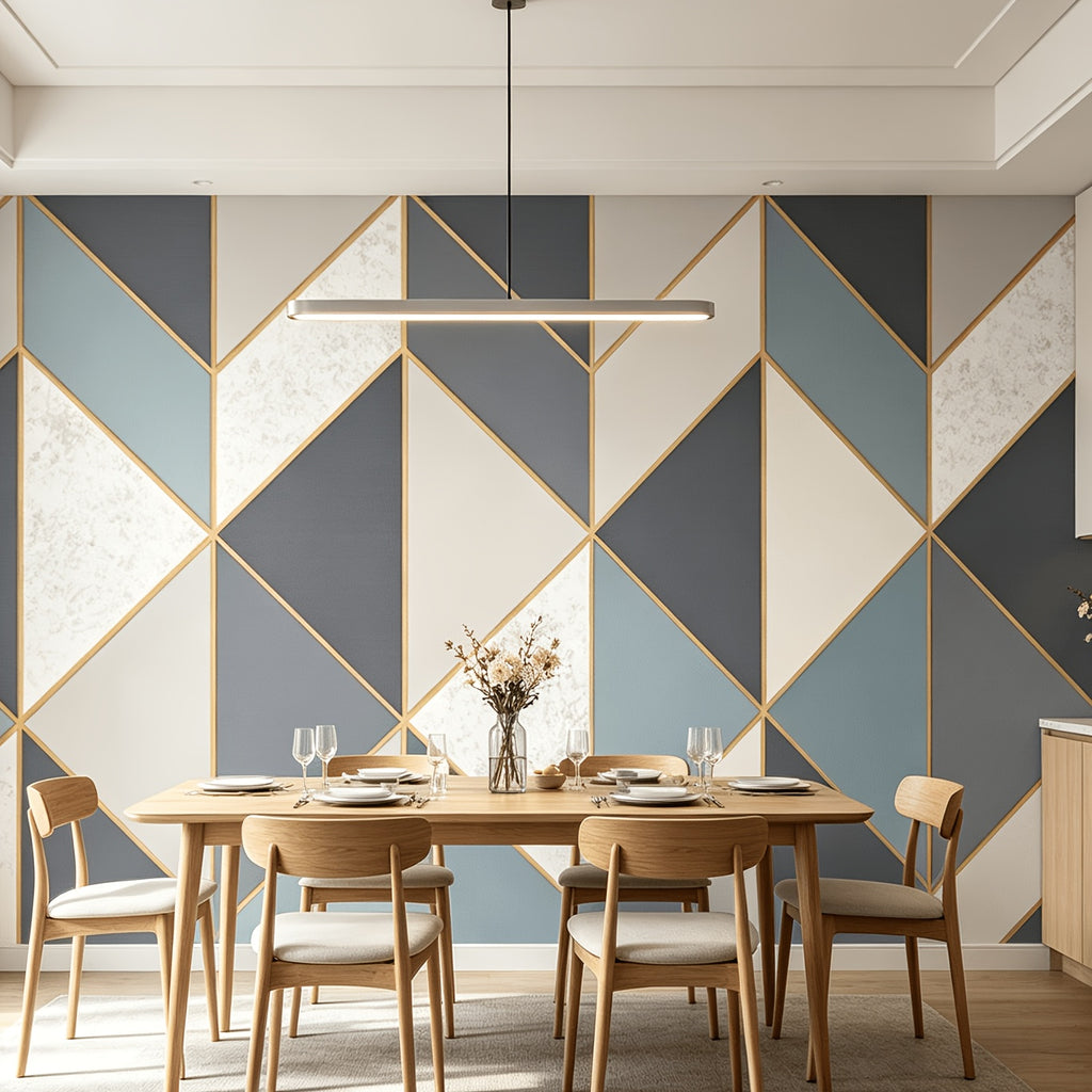 Papier peint gris et bleu à grands chevrons cernés d'or