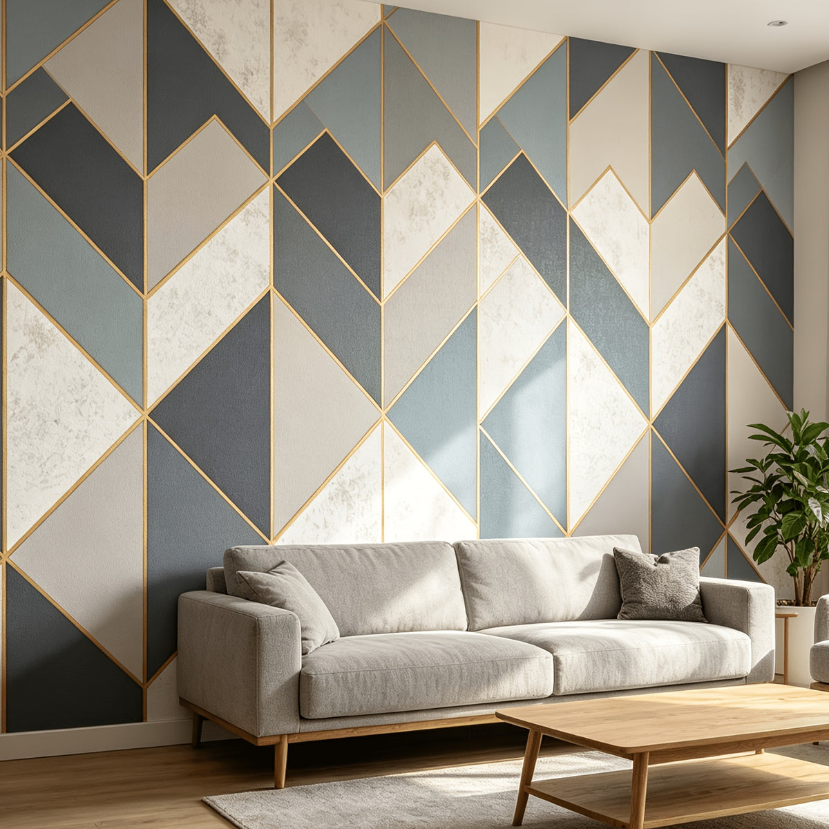 Papier peint gris et bleu à grands chevrons cernés d'or