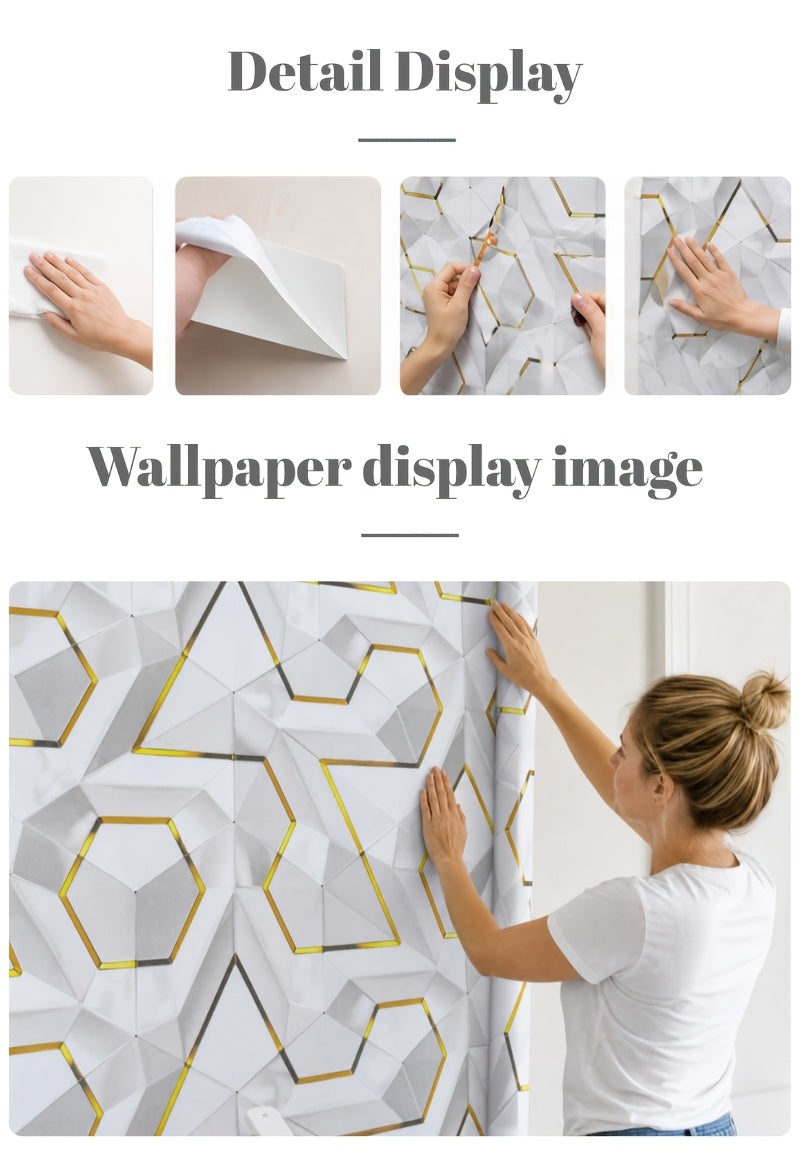 Papier peint géométrique blanc et or, lot de 12 rouleaux