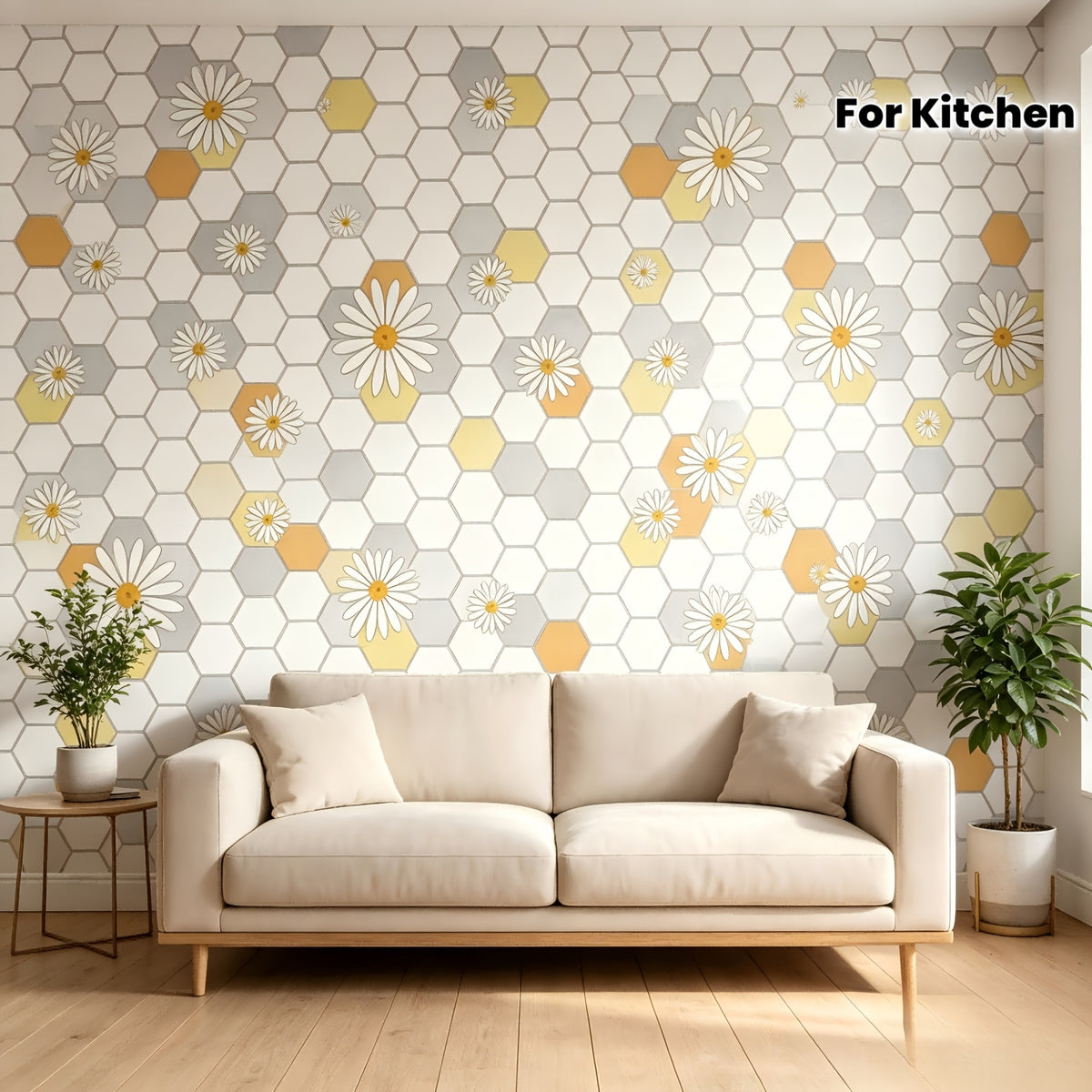 Papier peint hexagones et marguerites jaune, 6 rouleaux