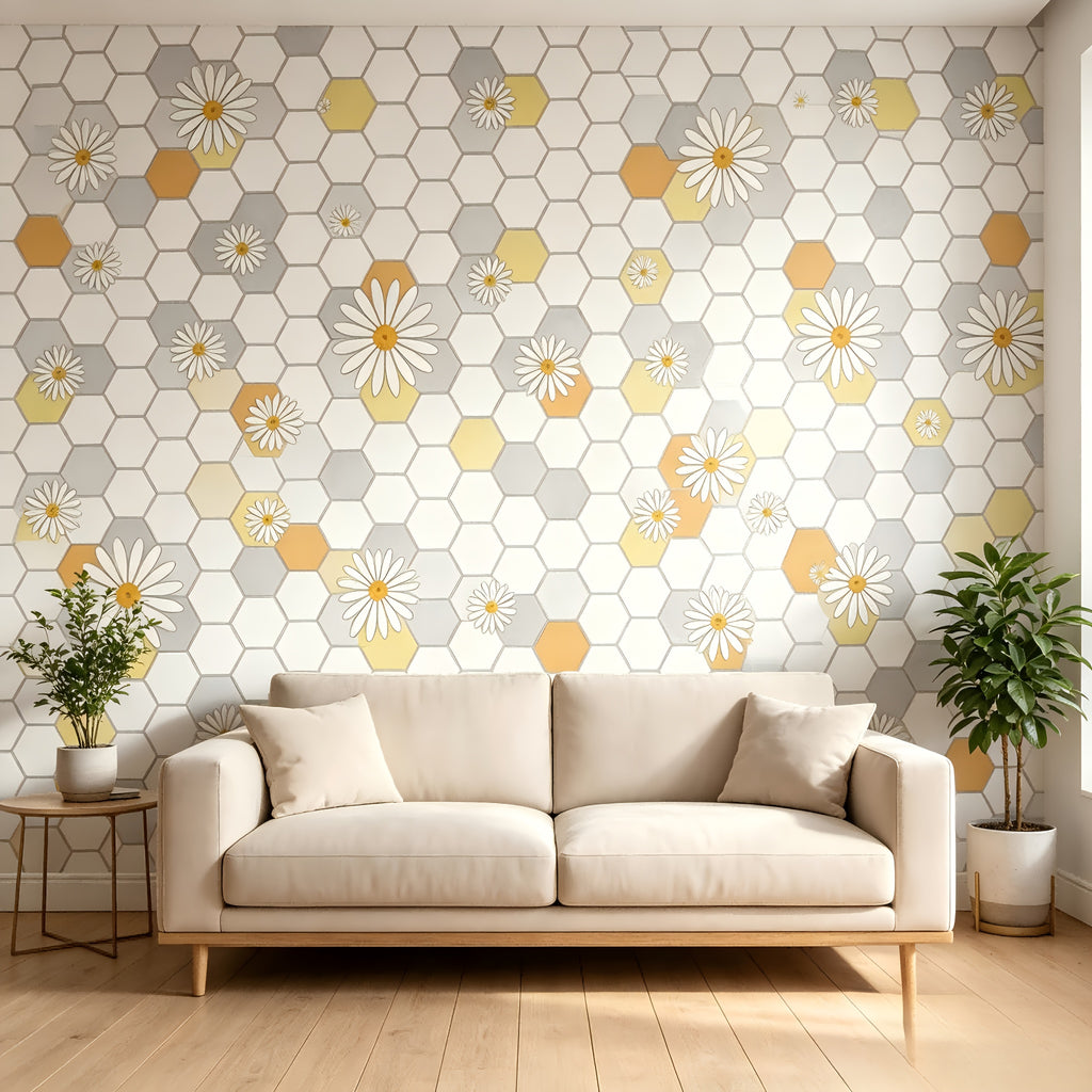 Papier peint hexagones et marguerites jaune, 6 rouleaux
