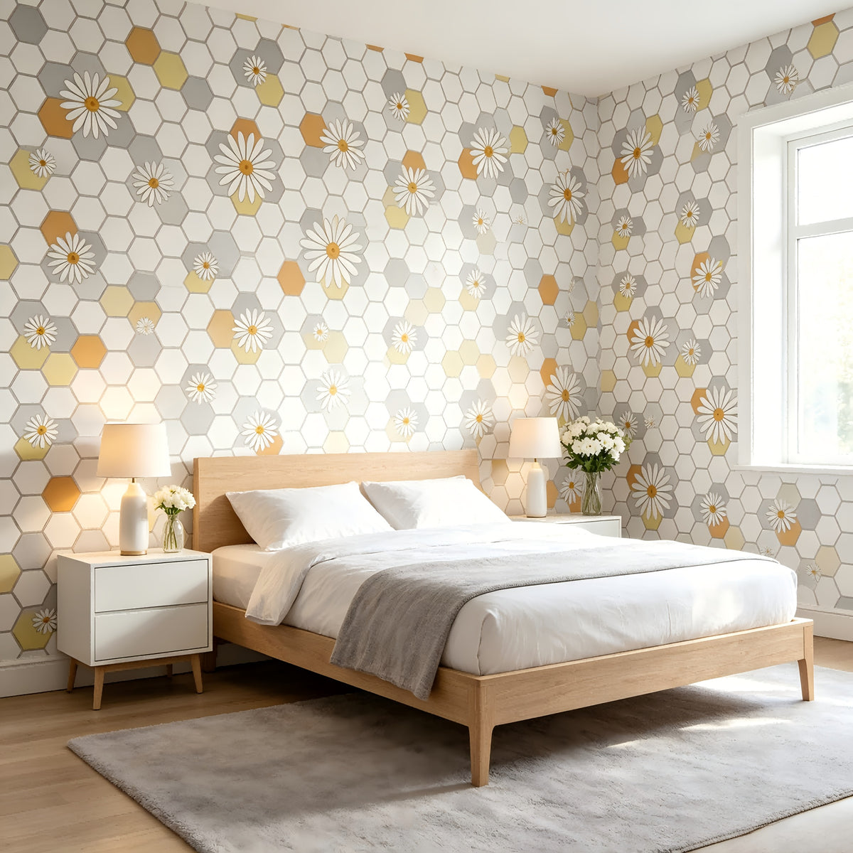 Papier peint hexagones et marguerites jaune, 6 rouleaux