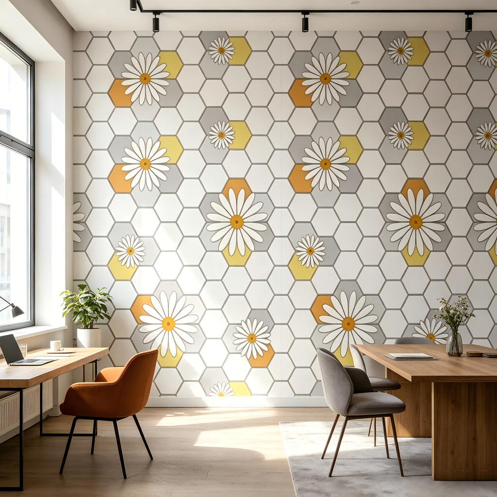 Papier peint hexagones et marguerites jaune, 6 rouleaux