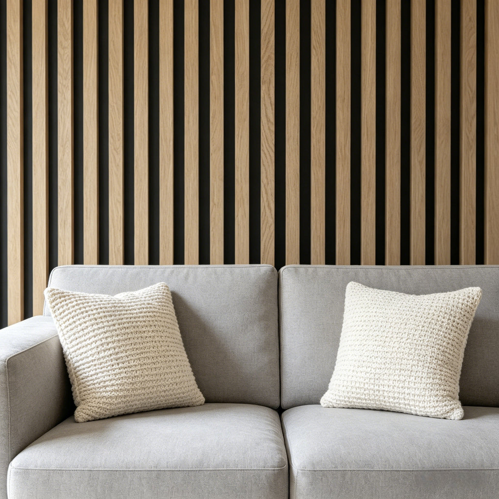 Papier peint effet claustra, lattes de chêne et rainures noires