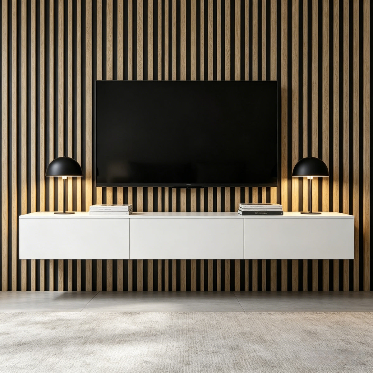 Papier peint effet claustra, lattes de chêne et rainures noires