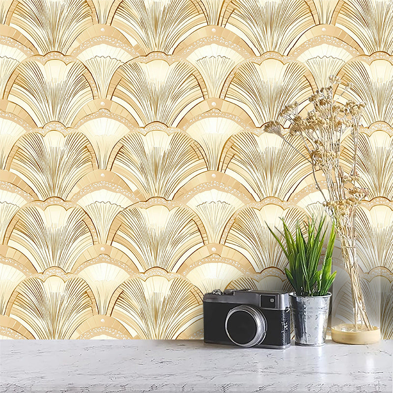 Papier peint art déco ivoire et doré, éventails ton sur ton