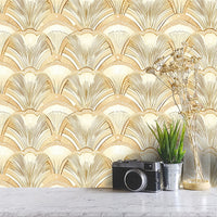 Papier peint art déco ivoire et doré, éventails ton sur ton