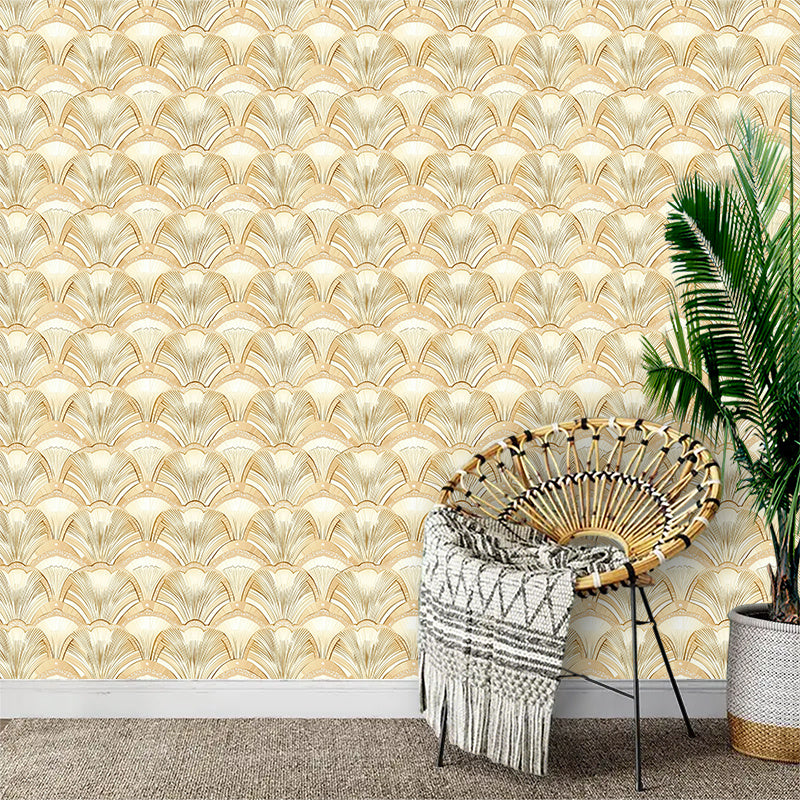 Papier peint art déco ivoire et doré, éventails ton sur ton
