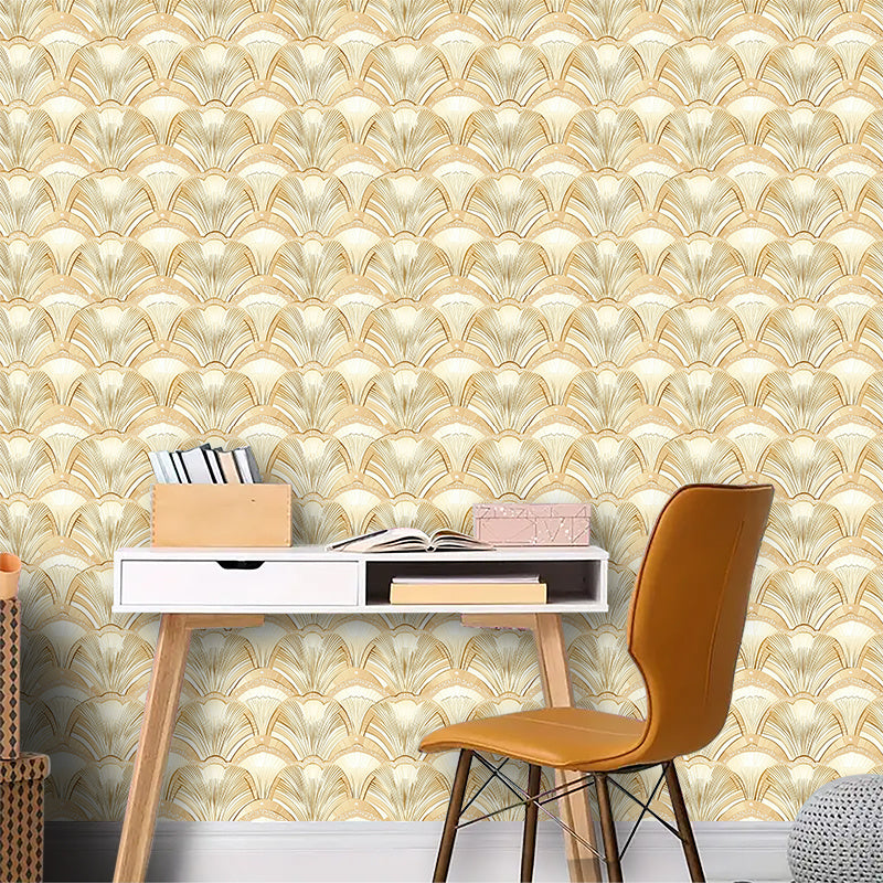 Papier peint art déco ivoire et doré, éventails ton sur ton