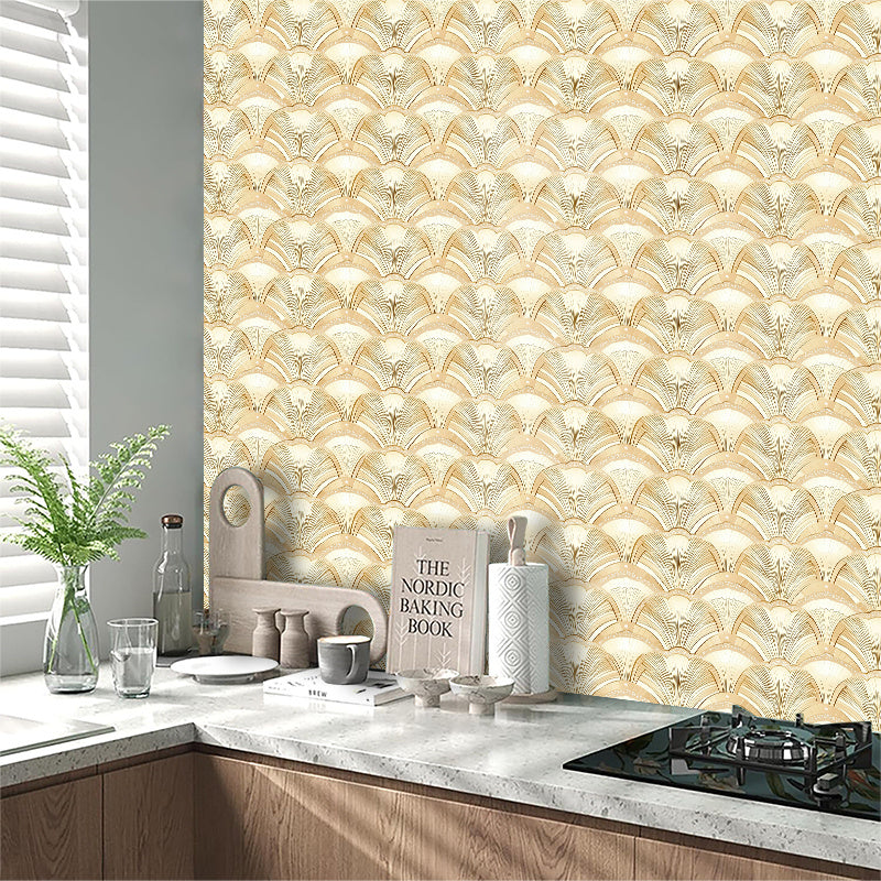 Papier peint art déco ivoire et doré, éventails ton sur ton