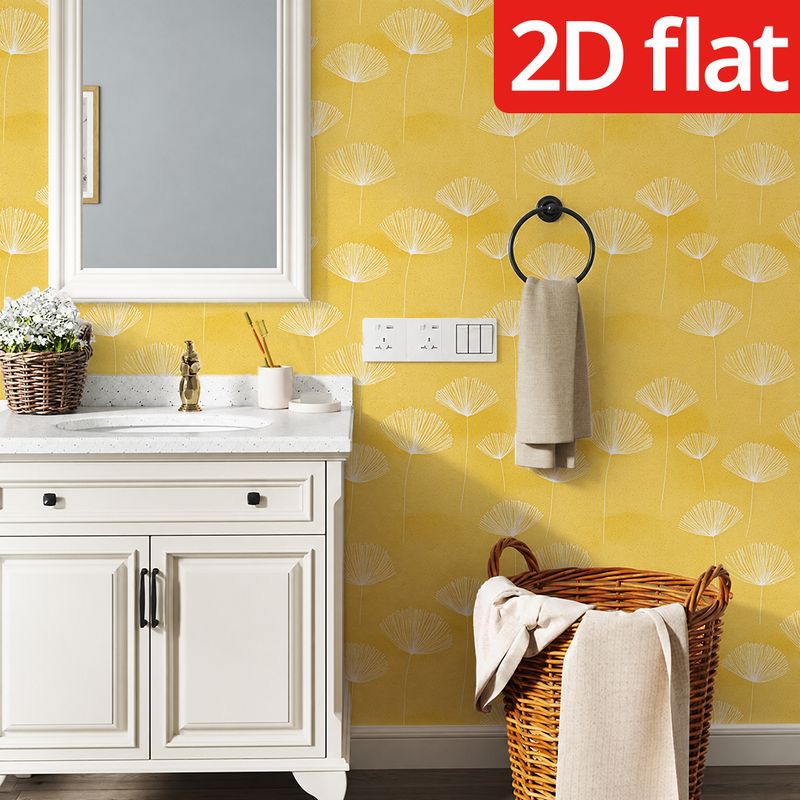 Papier peint jaune moutarde à aigrettes blanches tracées