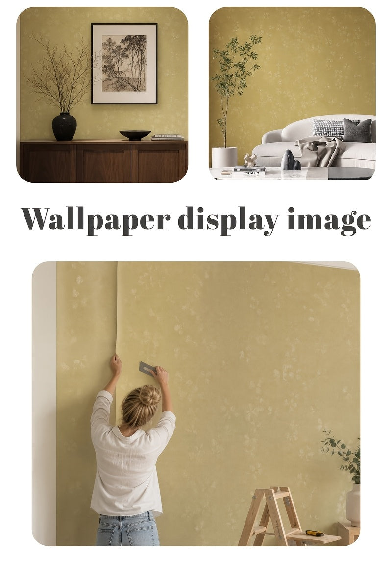 Papier peint jaune ocre à fleurs ton sur ton, 12 rouleaux