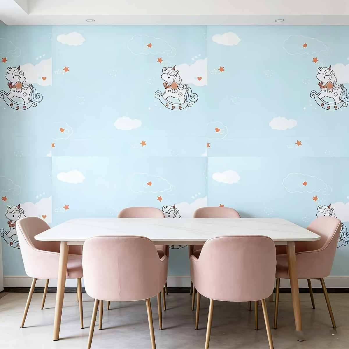 Papier peint adhésif licorne sur ciel bleu, huit rouleaux