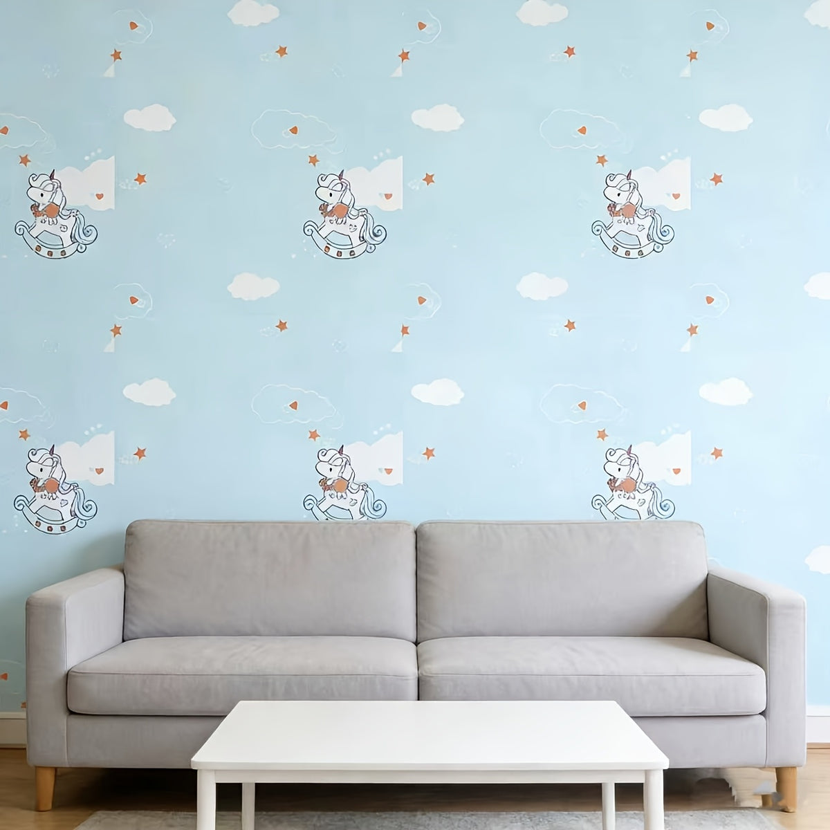 Papier peint adhésif licorne sur ciel bleu, huit rouleaux