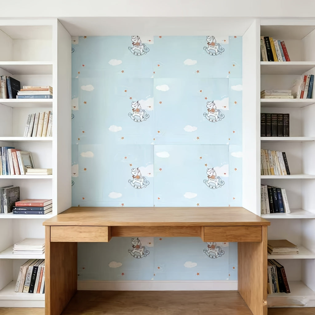 Papier peint adhésif licorne sur ciel bleu, huit rouleaux