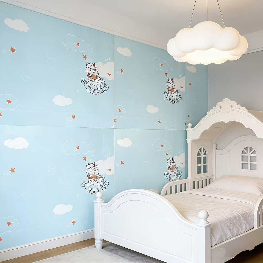 Papier peint adhésif licorne sur ciel bleu, huit rouleaux