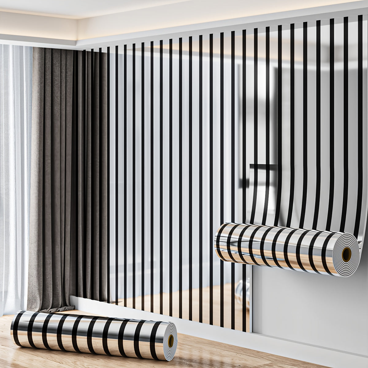 Papier peint lignes miroir serrées, doré ou argenté, 2,9 m