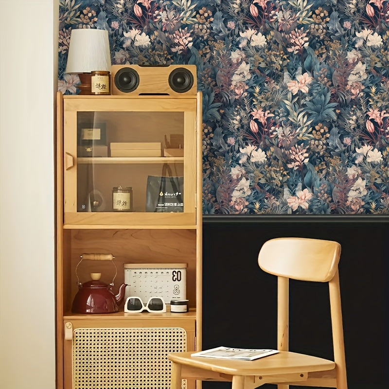 Papier peint adhésif floral bleu nuit, rouleau 3 ou 5 m