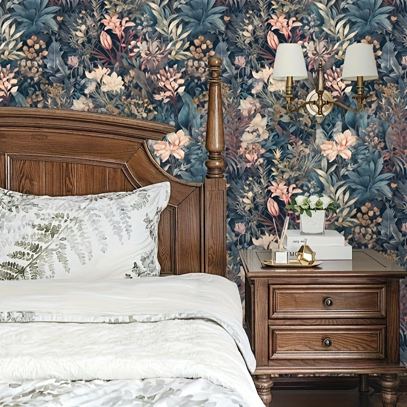 Papier peint adhésif floral bleu nuit, rouleau 3 ou 5 m