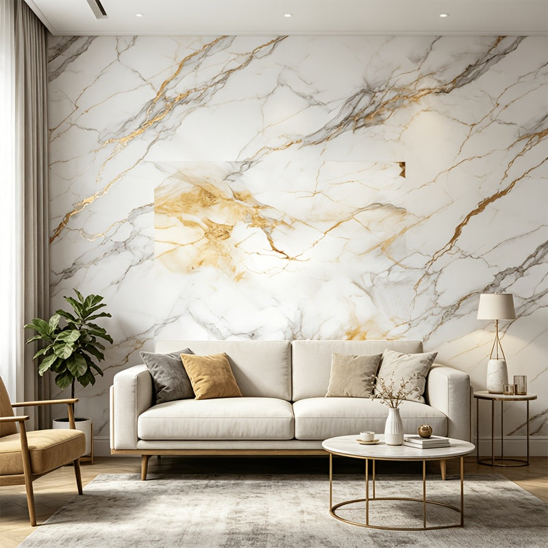 Papier peint marbre blanc et filets d'or, laize de 60 cm