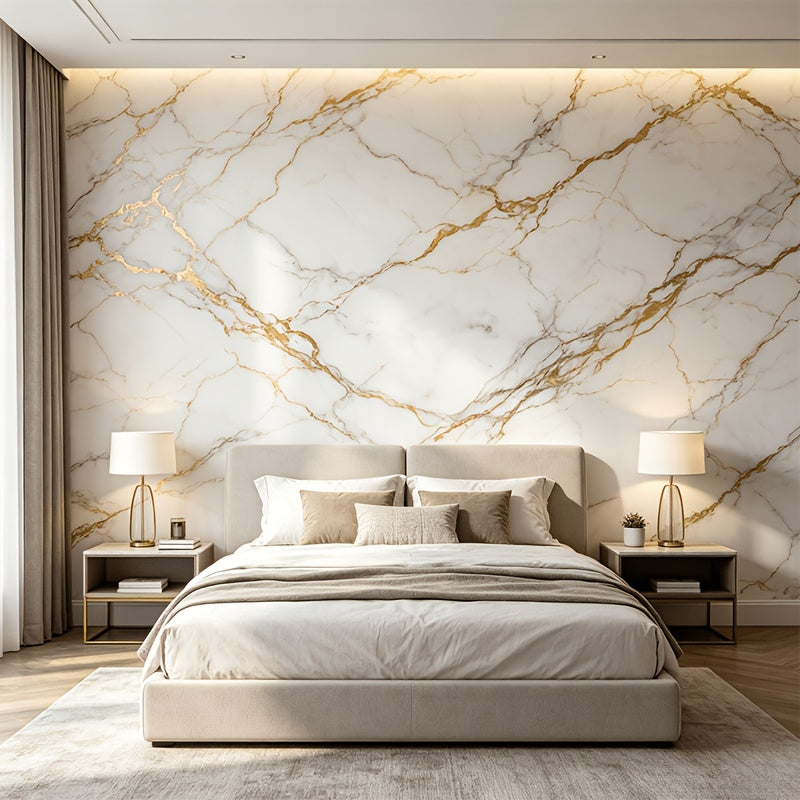 Papier peint marbre blanc et filets d'or, laize de 60 cm