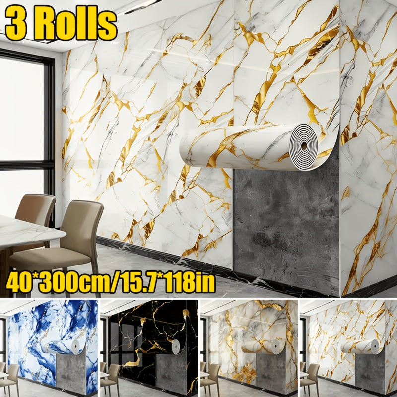 Papier peint marbre adhésif brillant, dix décors veinés d'or