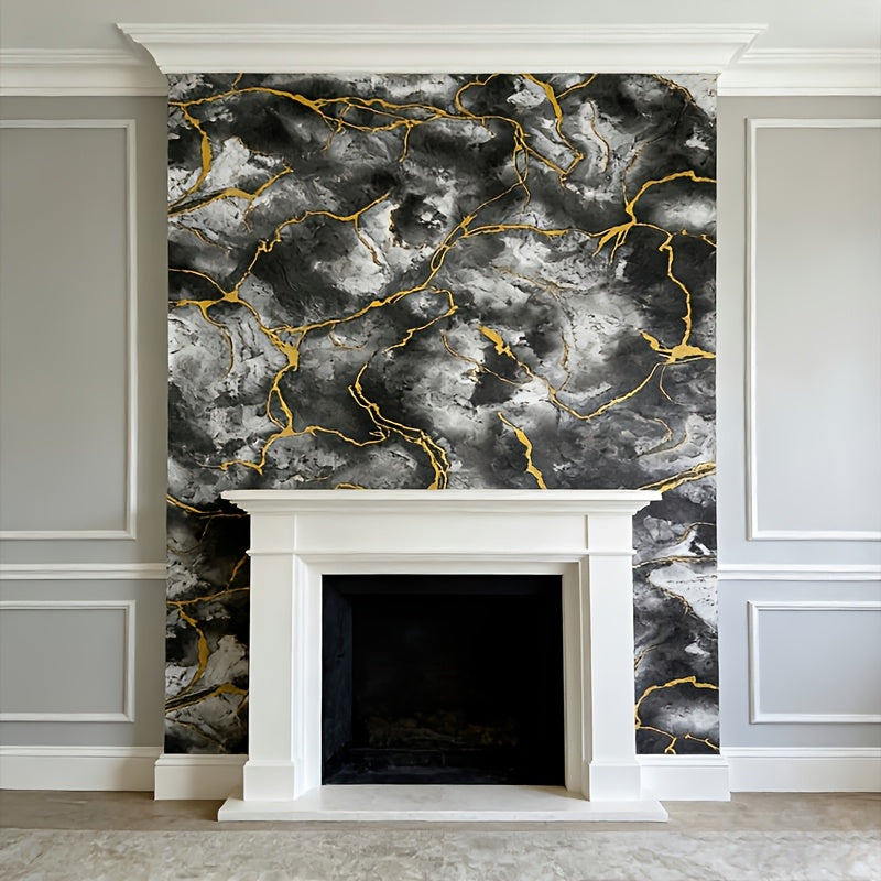 Papier peint marbre gris veiné d'or, rouleau de 10 mètres