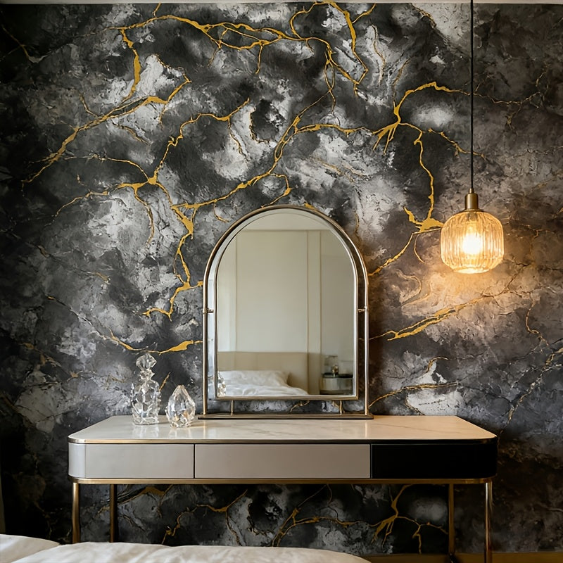 Papier peint marbre gris veiné d'or, rouleau de 10 mètres