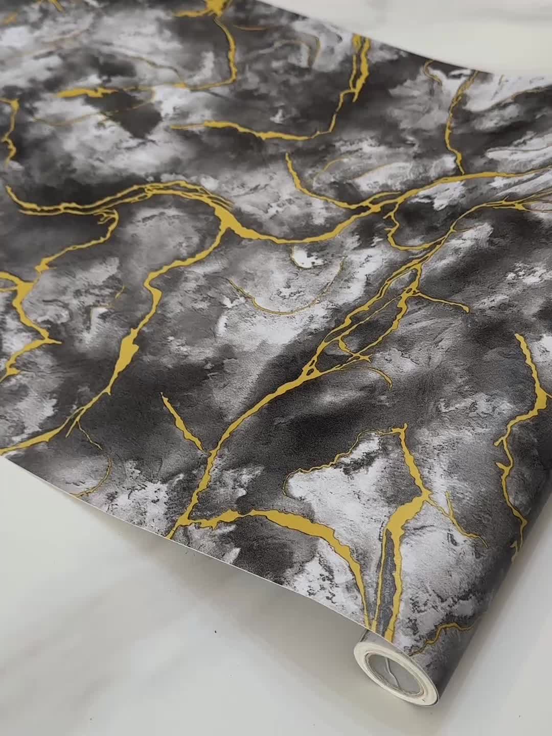 Papier peint marbre gris veiné d'or, rouleau de 10 mètres