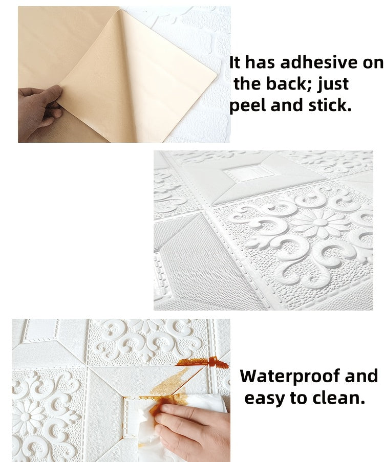 Papier peint en mousse XPE blanc damassé, lot de 100 dalles