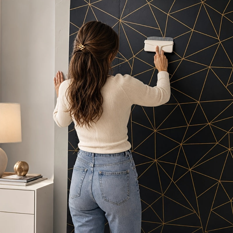 Papier peint noir et cuivre, réseau de triangles, 12 rouleaux