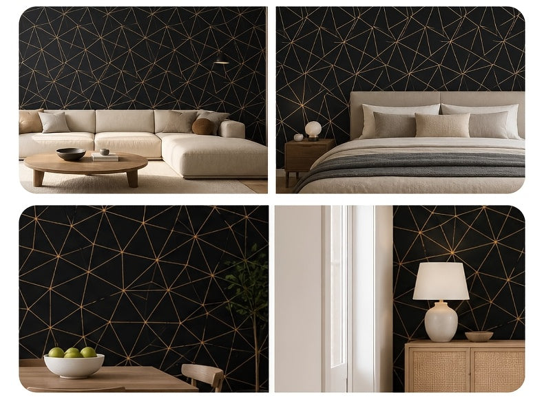 Papier peint noir et cuivre, réseau de triangles, 12 rouleaux