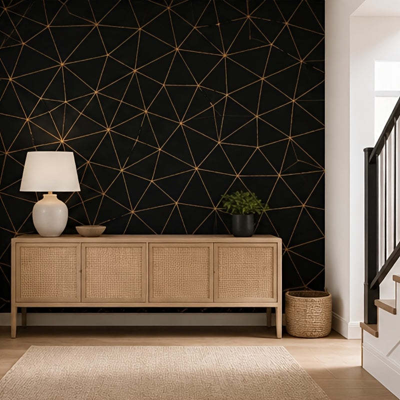 Papier peint noir et cuivre, réseau de triangles, 12 rouleaux
