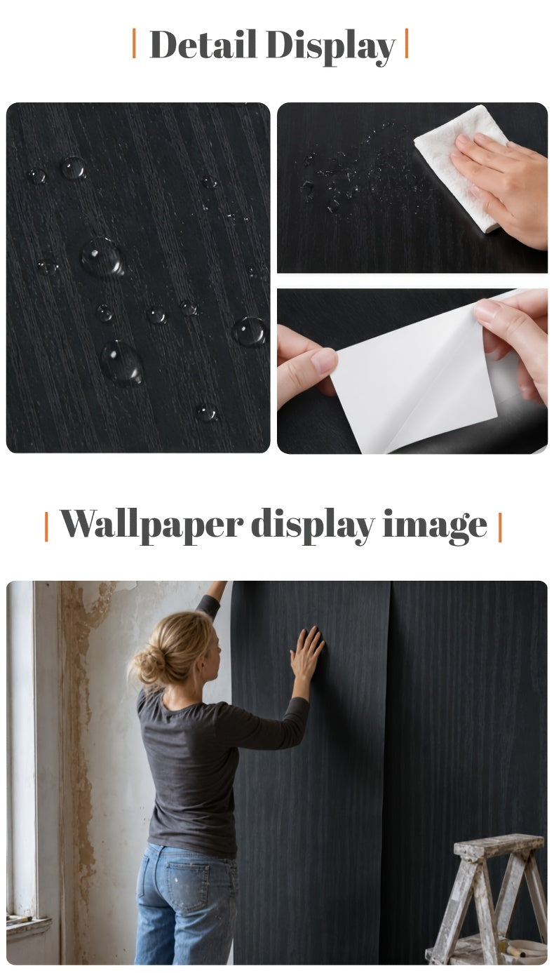 Papier peint noir veiné chêne imperméable, 12 rouleaux de 2 m