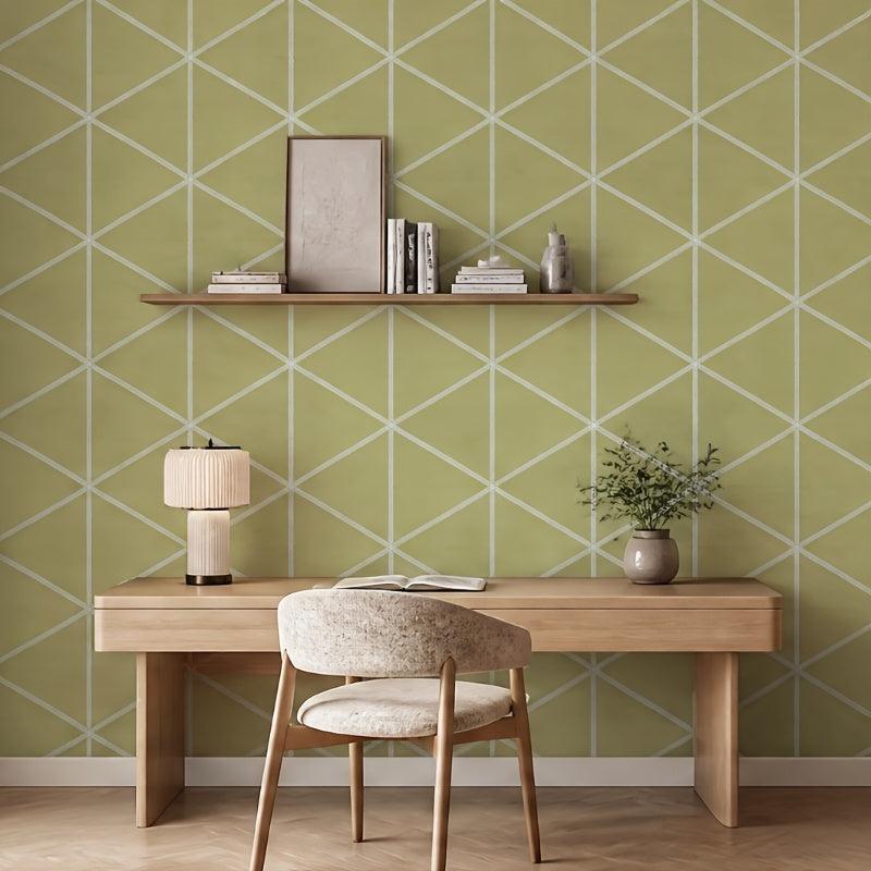 Papier peint géométrique vert olive, triangles et losanges