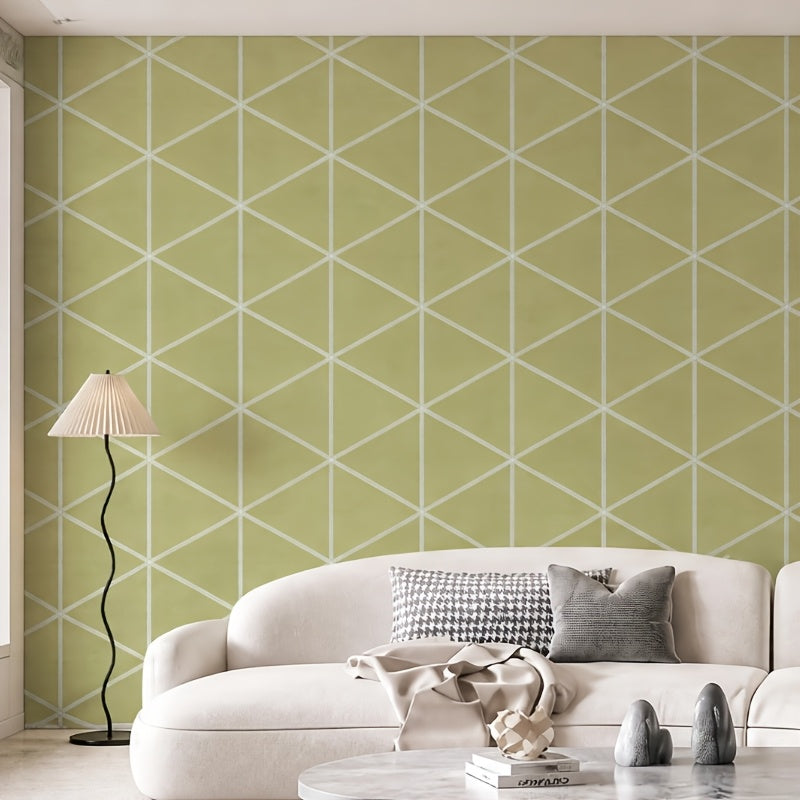 Papier peint géométrique vert olive, triangles et losanges